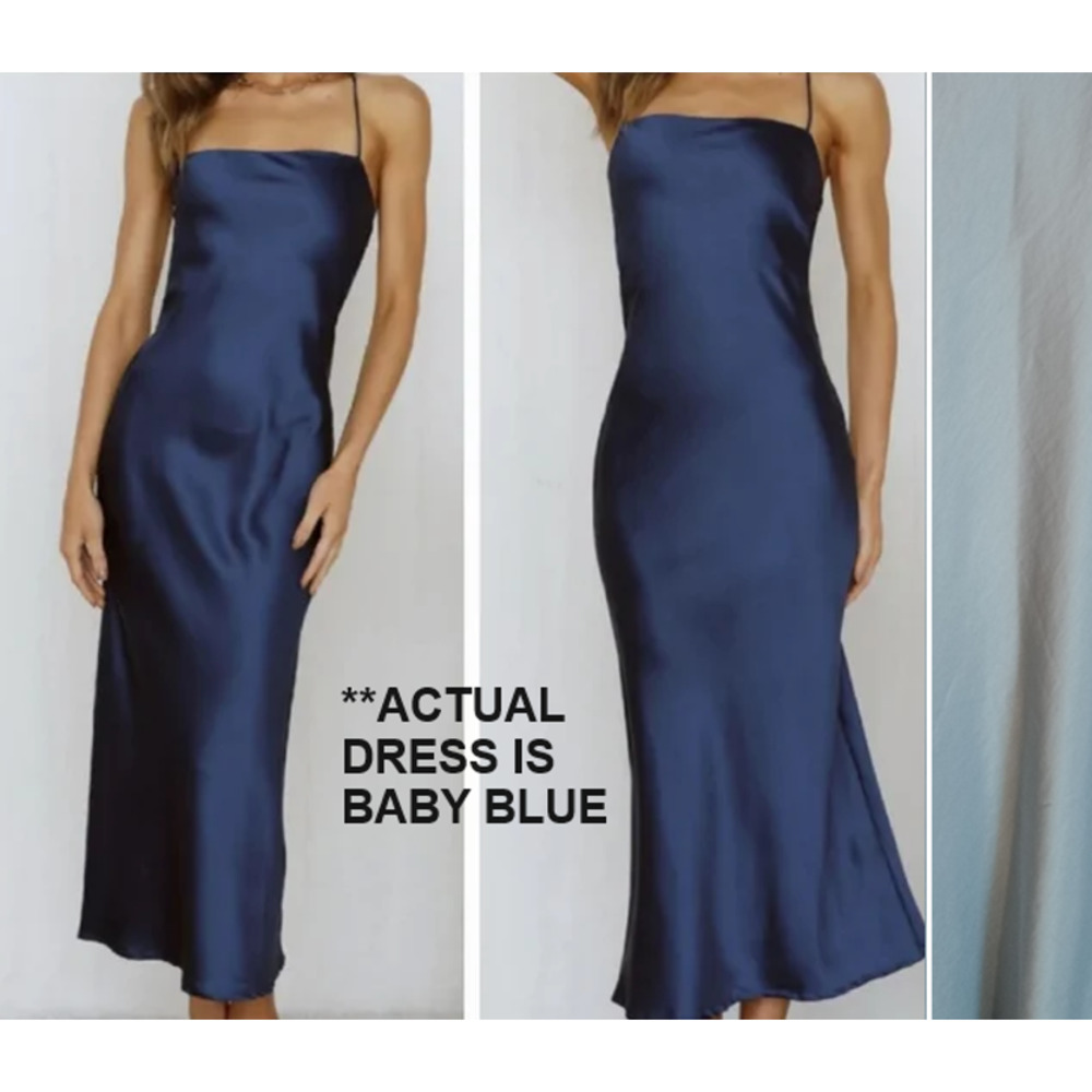 House of Harlow | Baby Blue Matte Satin Spaghetti Strap Ruched Midi Slip Dress - Picture 1 of 12